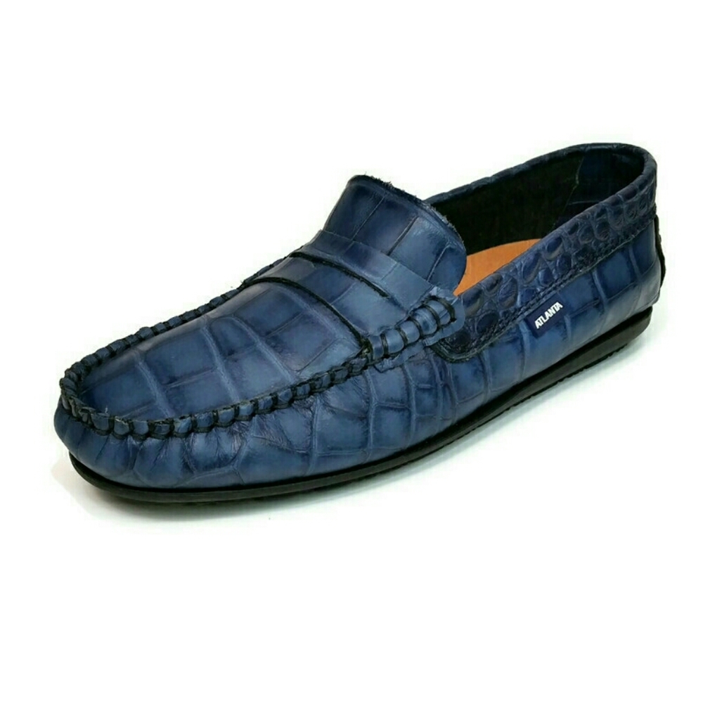 NEW Atlanta Moccasins Blue Crocodile Penny Loafers